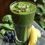 Refreshing green smoothie in a glass, garnished with lime.