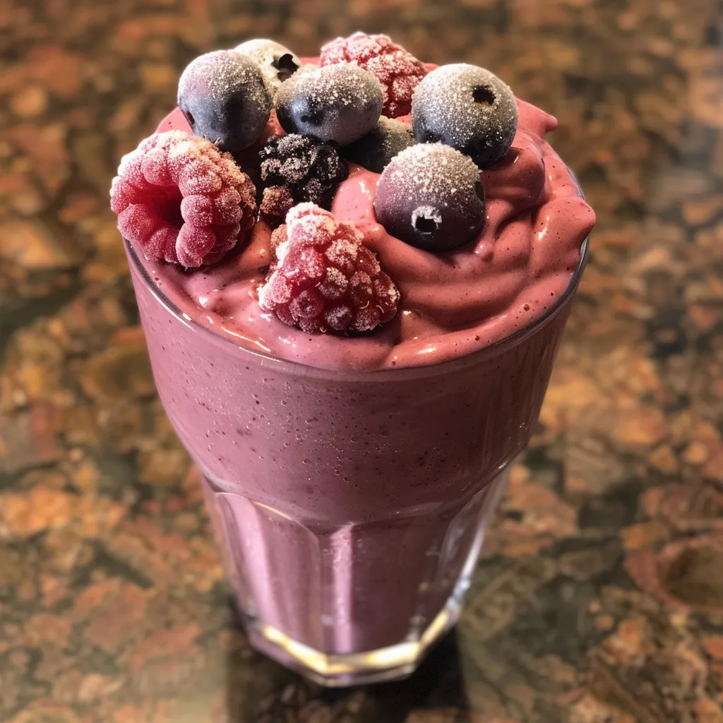 A refreshing mixed berry smoothie in a glass with fresh berries and a straw.