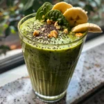 Green smoothie in a tall glass with fresh fruit and berries nearby.