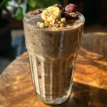 Close-up of a vibrant yellow and green smoothie in a glass, surrounded by fresh mango slices and berries.
