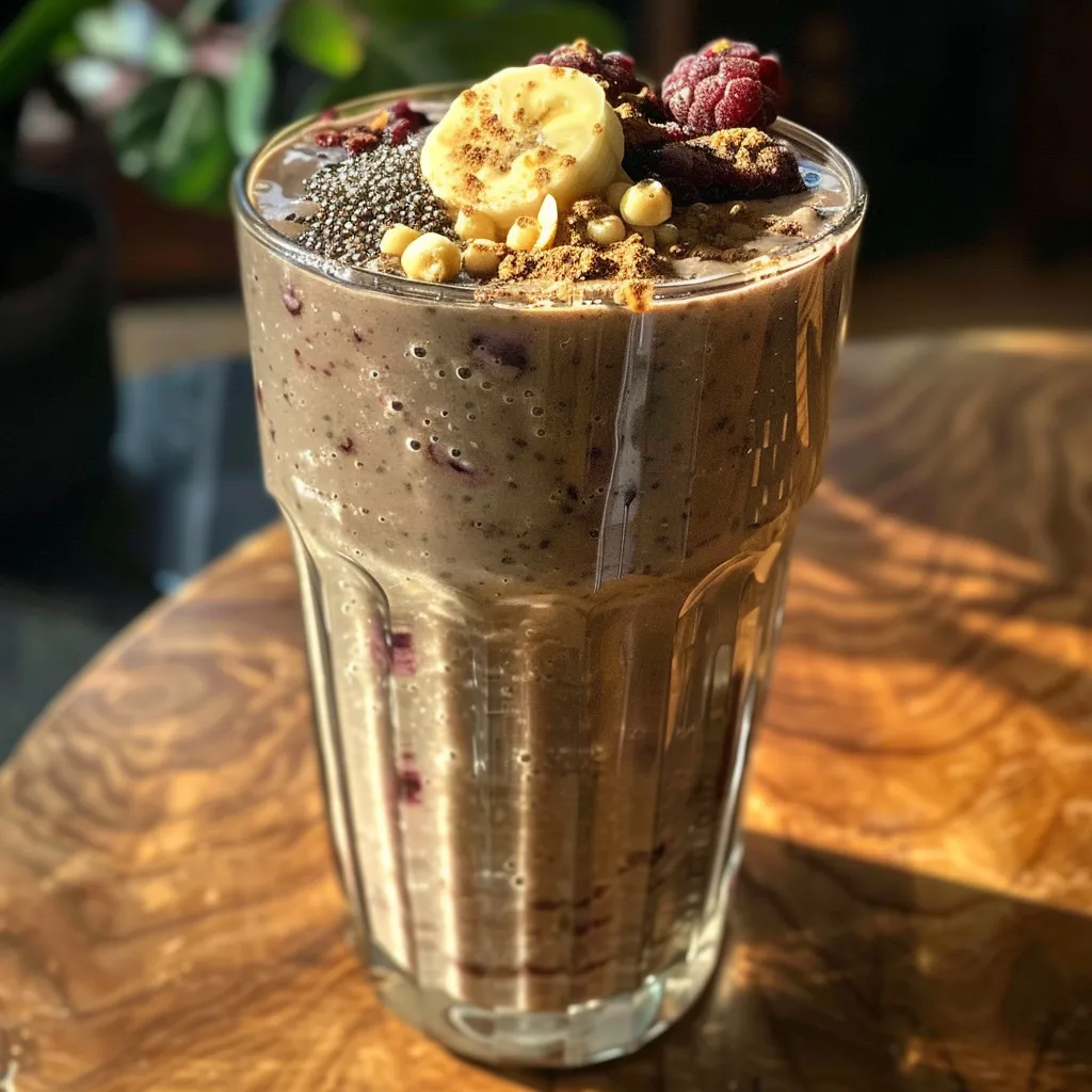 Close-up of a vibrant yellow and green smoothie in a glass, surrounded by fresh mango slices and berries.