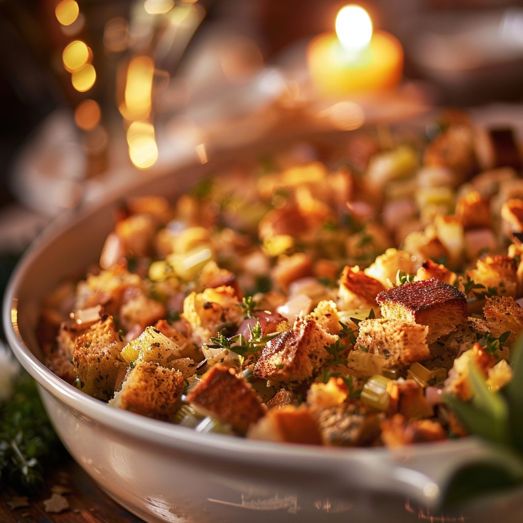 Close-up of Thanksgiving turkey stuffing, featuring cubed bread and herbs, with warm lighting.