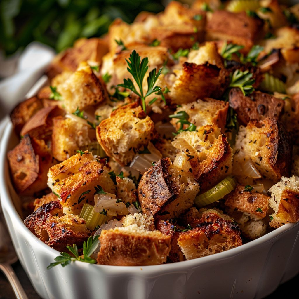 Close-up of a bowl of turkey stuffing with visible herbs and bread cubes, illuminated by warm light.