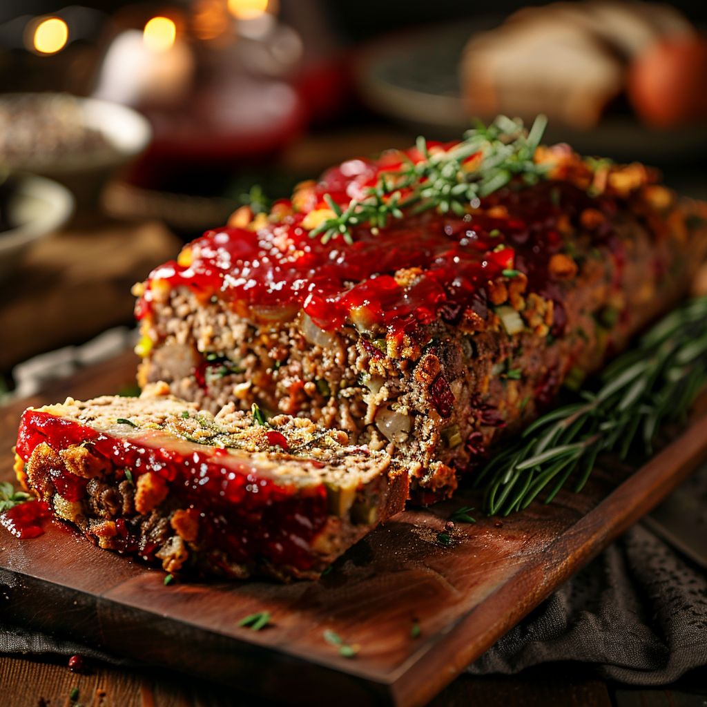 Close-up of a turkey meatloaf garnished with cranberry glaze, surrounded by a soft focus background.