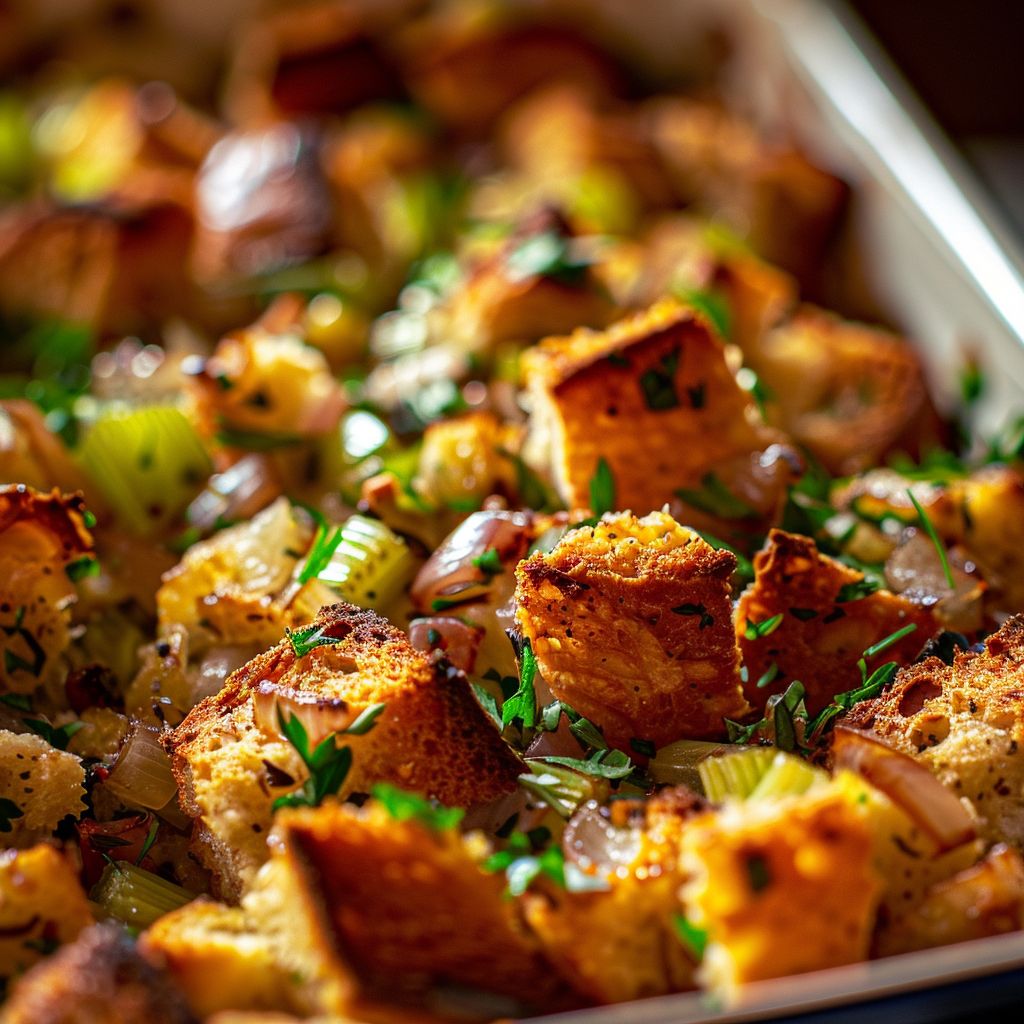 Close-up of homemade stuffing with bread cubes, herbs, and spices in a cozy kitchen setting.