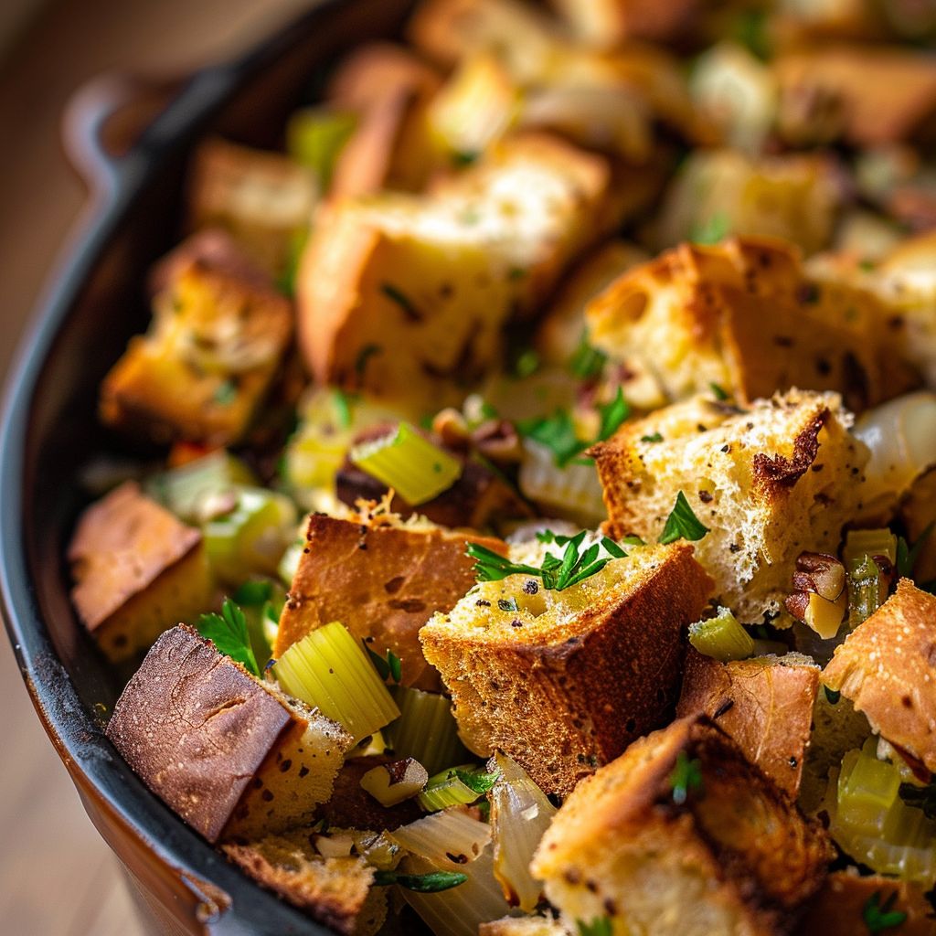 A close-up of Thanksgiving stuffing showcasing golden-brown bread cubes and colorful herbs.