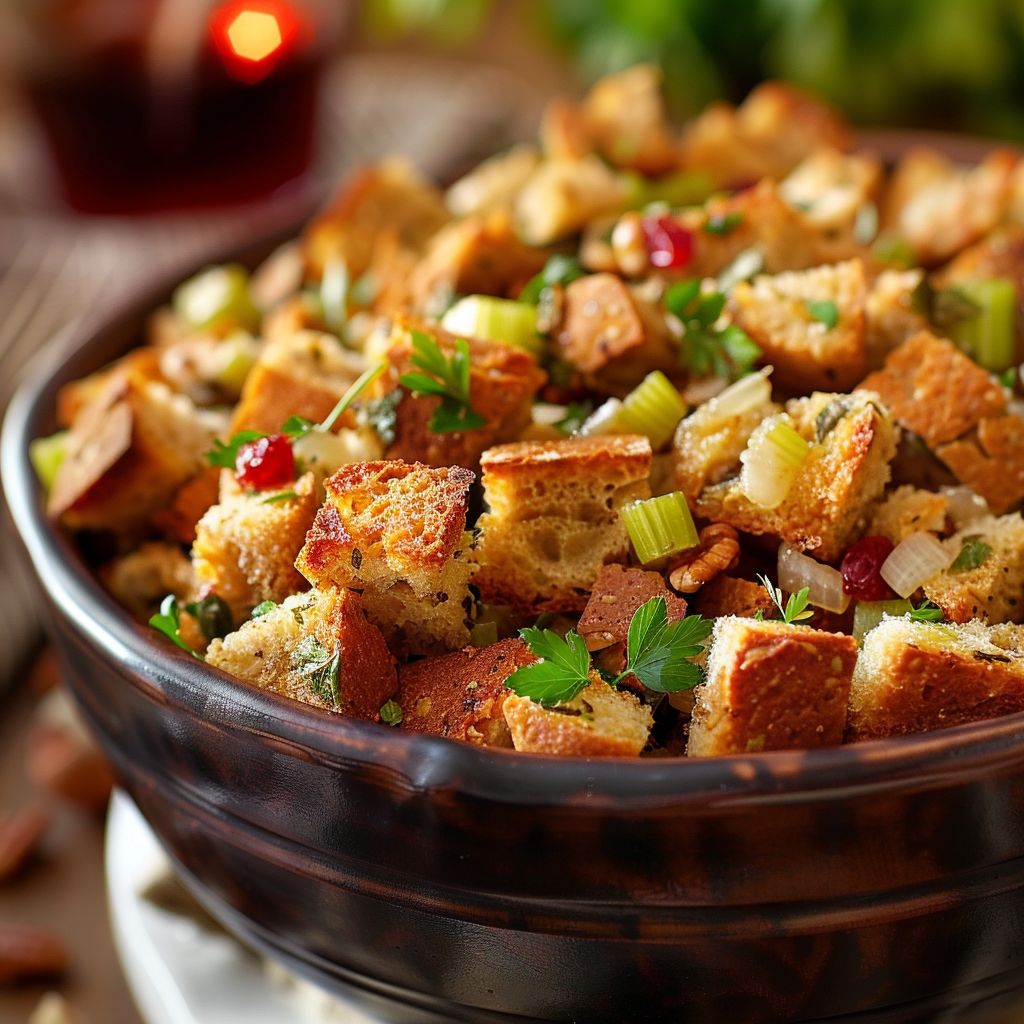 Close-up of golden brown Slow Cooker Stuffing with herbs and cranberries.