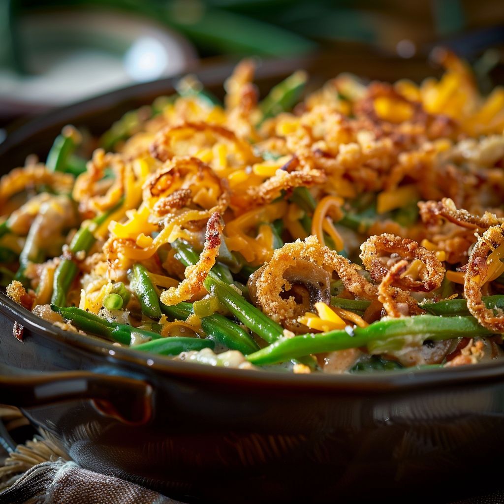 Close-up of a creamy green bean casserole topped with crispy fried onions.