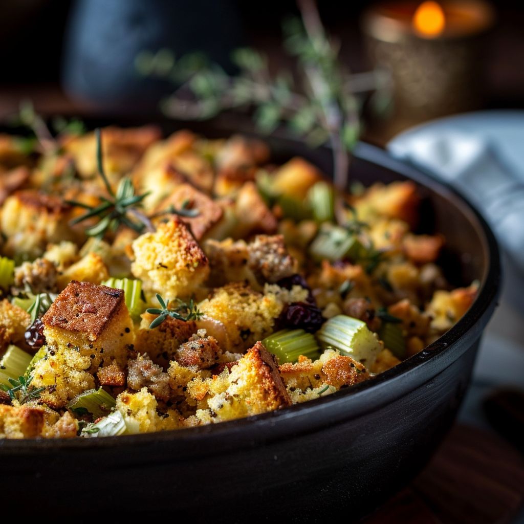 Close-up shot of Jiffy cornbread stuffing with herbs and vegetables.