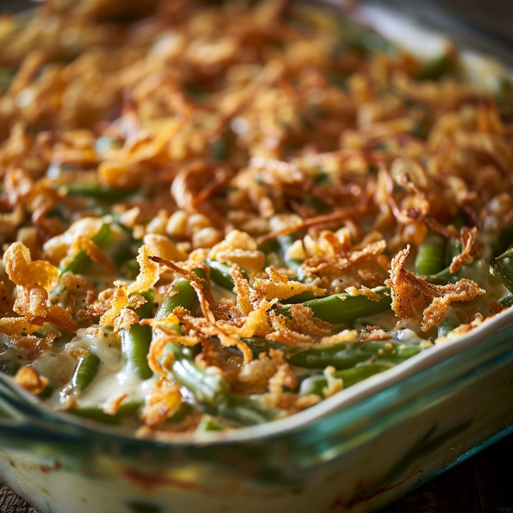 Close-up of a creamy green bean casserole topped with crispy fried onions.