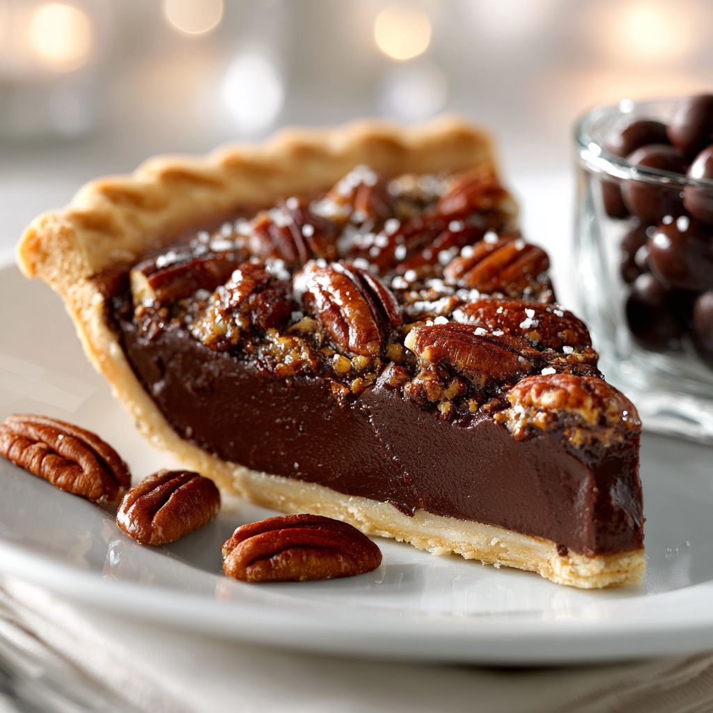 A close-up view of a rich Texas Chocolate Pecan Pie, showcasing its glossy surface and crunchy pecan topping.