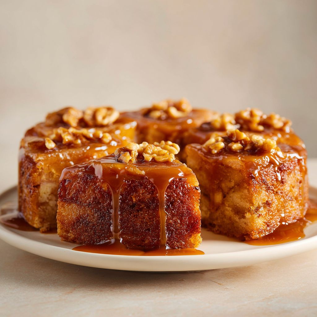 Close-up of a caramel apple upside-down cake with glossy caramel glaze and apple slices on top.