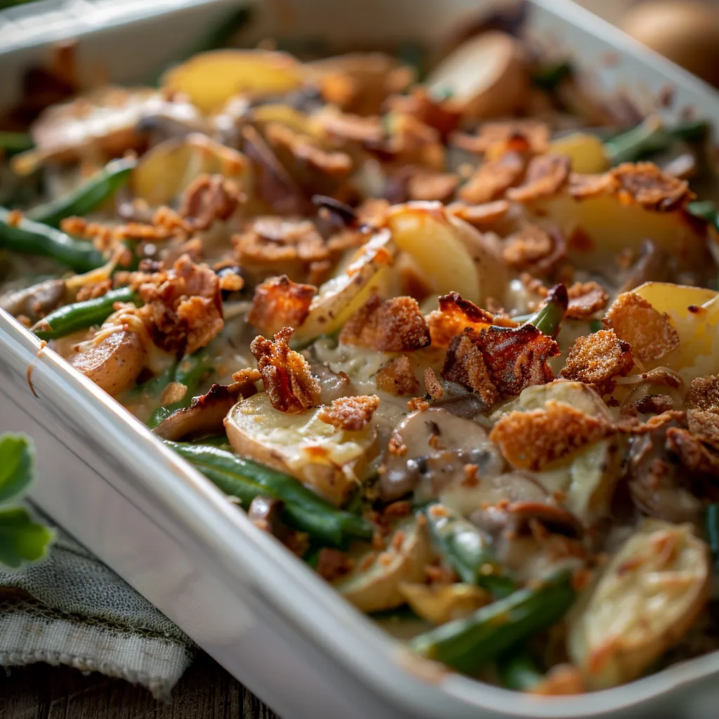 A delicious Green Bean and Potato Casserole with melted cheese, fresh green beans, and sliced potatoes.