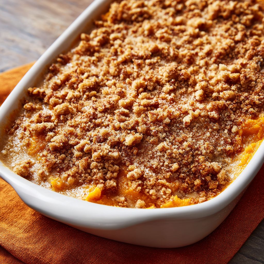 Close-up of a fluffy sweet potato souffle with a golden top, illuminated by soft light.