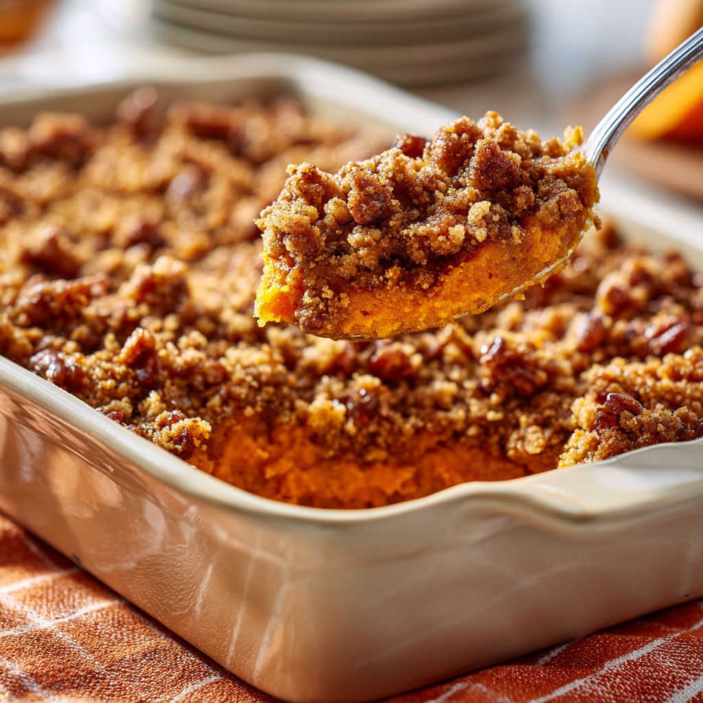Close-up of a golden-brown Sweet Potato Soufflé topped with crunchy pecans.