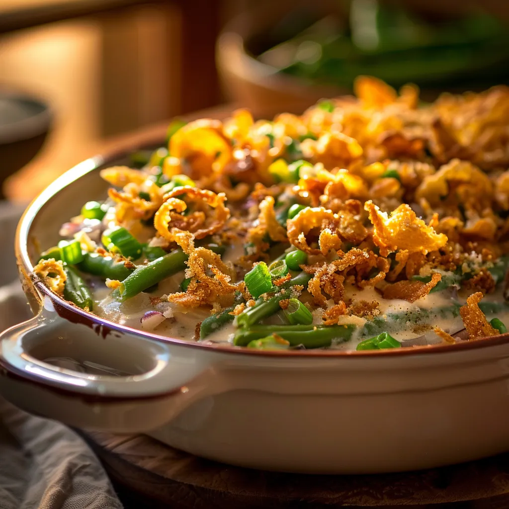A delicious No Mushroom Green Bean Casserole in a baking dish, featuring fresh green beans and cheese.
