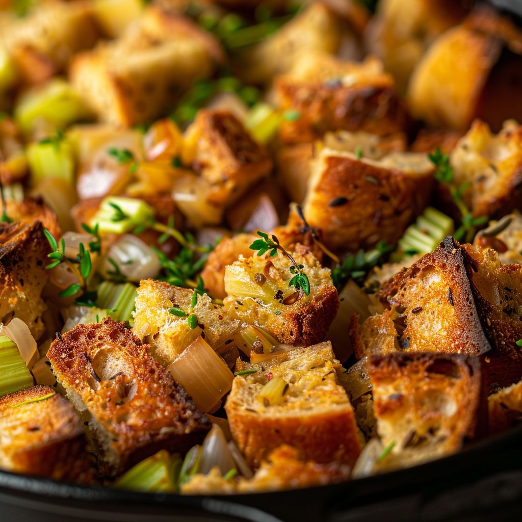 Close-up of Thanksgiving turkey stuffing, featuring cubed bread and herbs, with warm lighting.