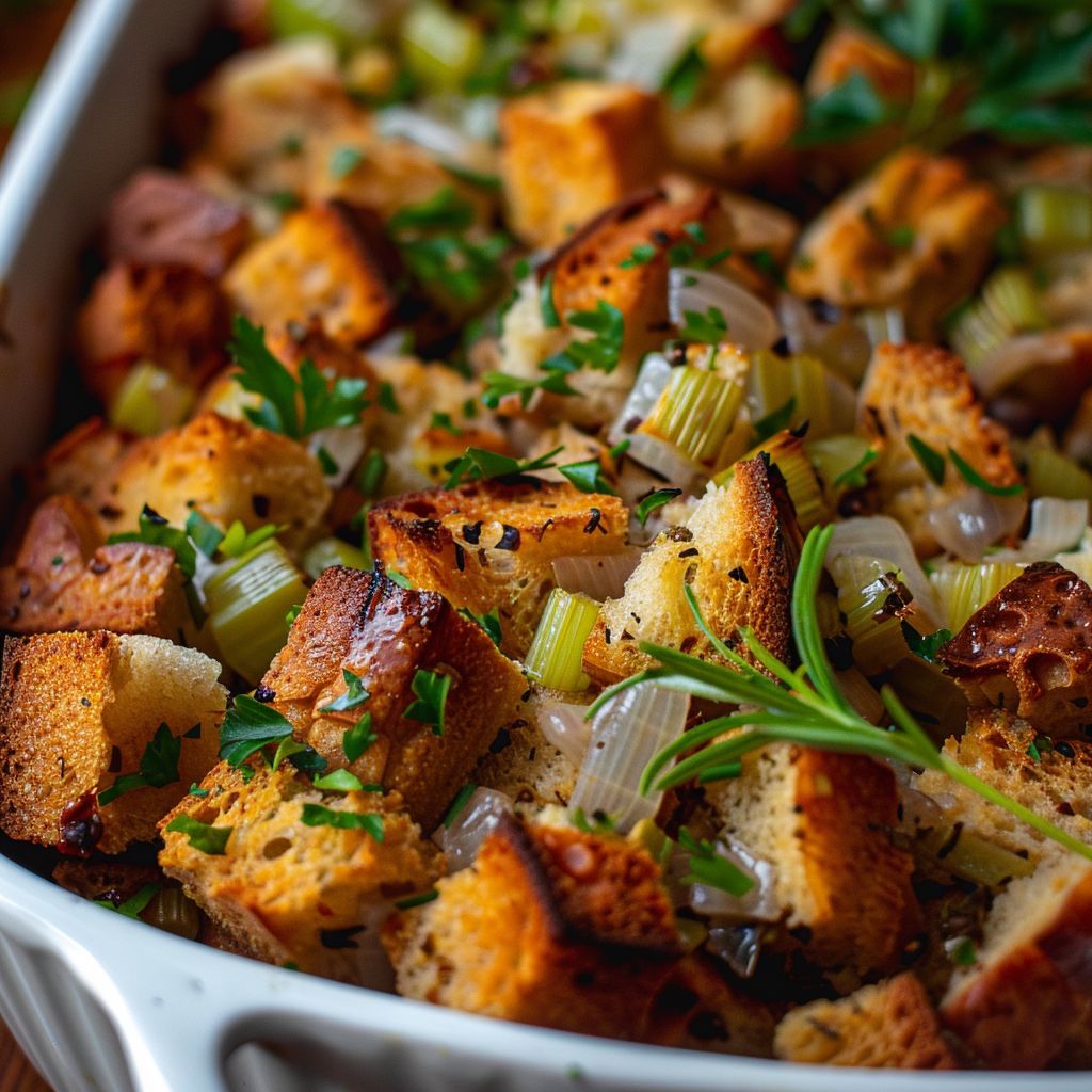 Close-up of a bowl of turkey stuffing with visible herbs and bread cubes, illuminated by warm light.