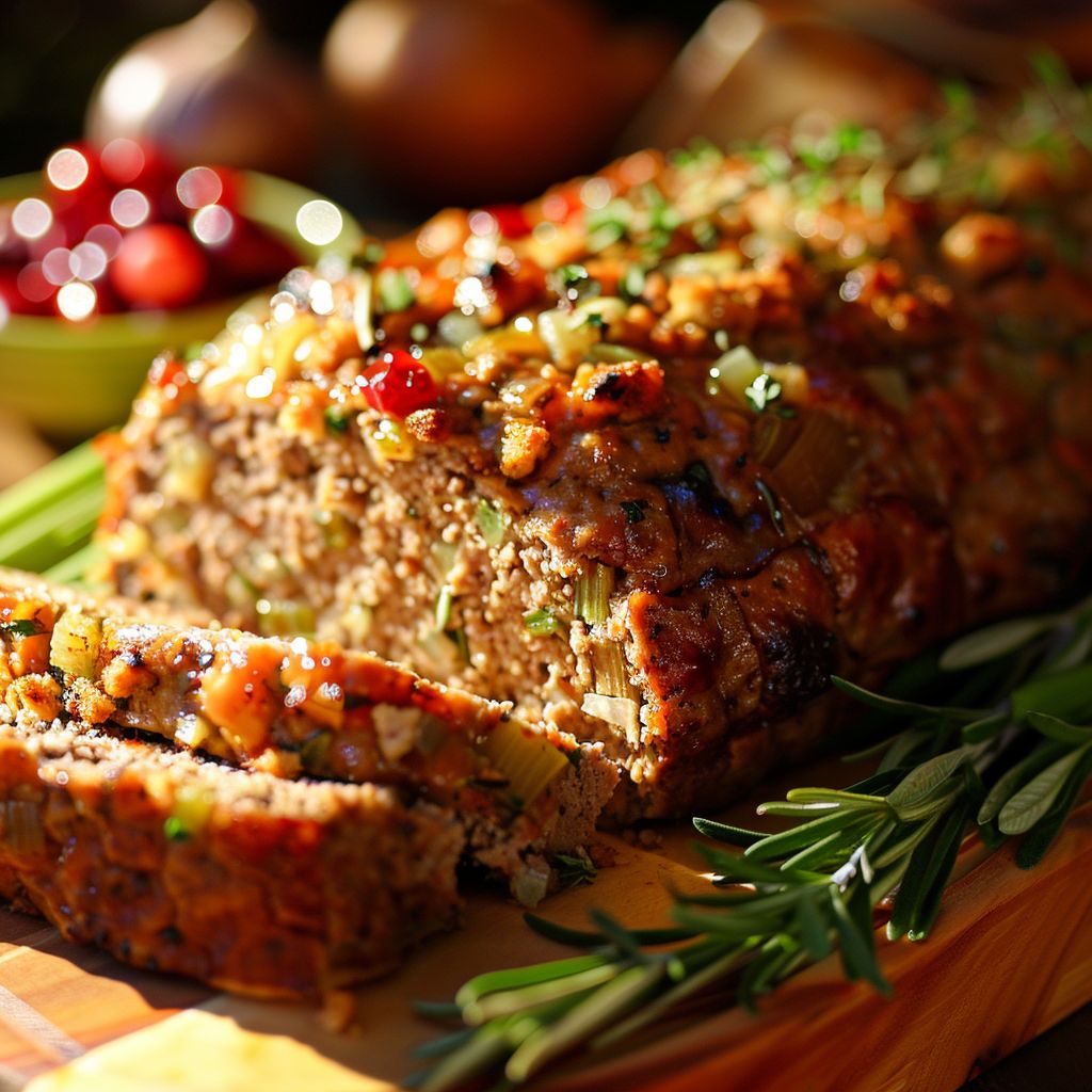 Close-up of a turkey meatloaf garnished with cranberry glaze, surrounded by a soft focus background.