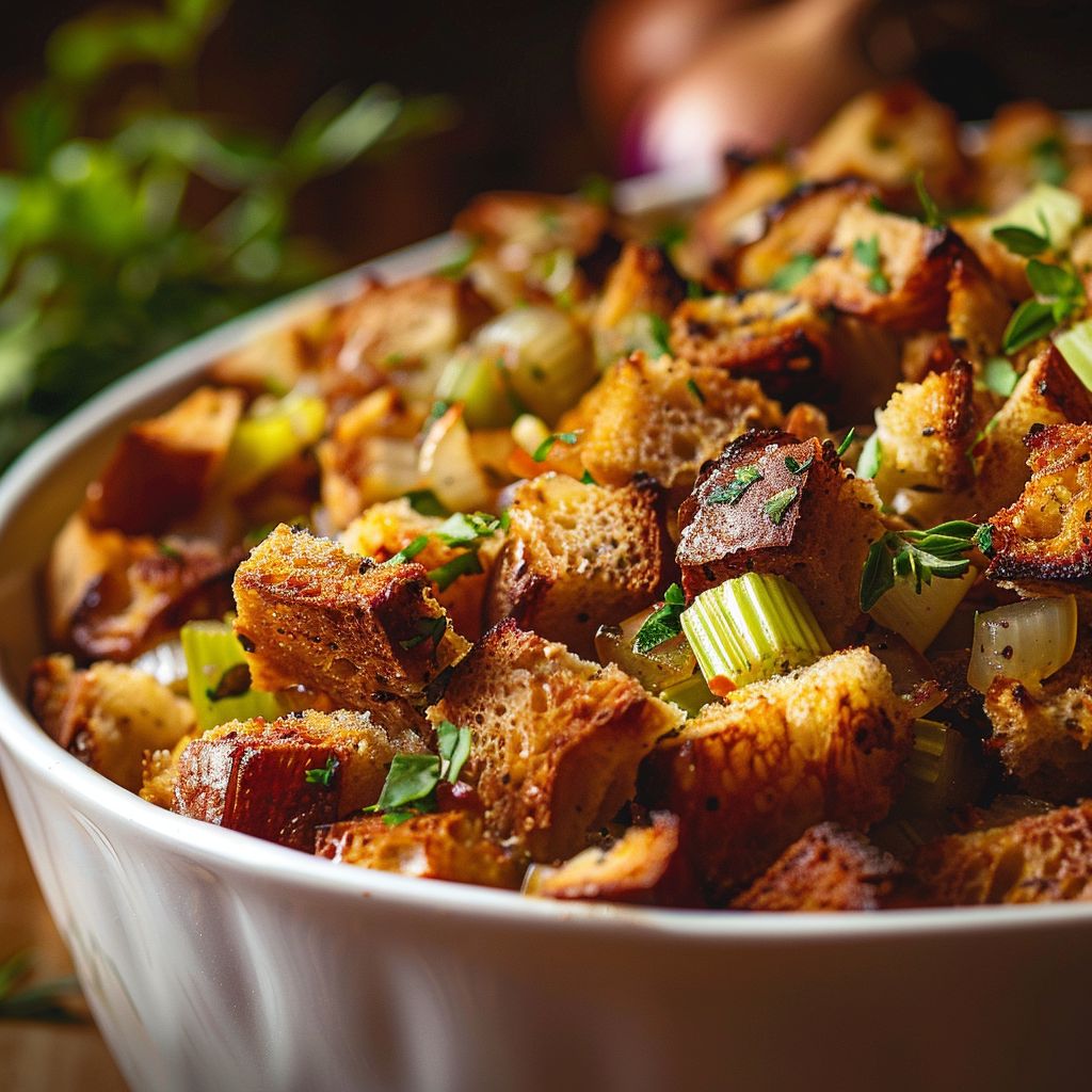 Close-up of homemade stuffing with bread cubes, herbs, and spices in a cozy kitchen setting.