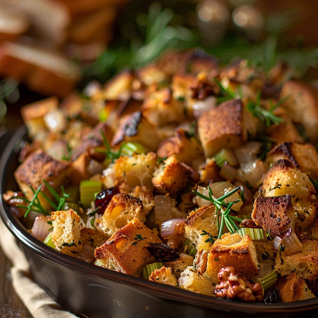 A close-up of Thanksgiving stuffing showcasing golden-brown bread cubes and colorful herbs.