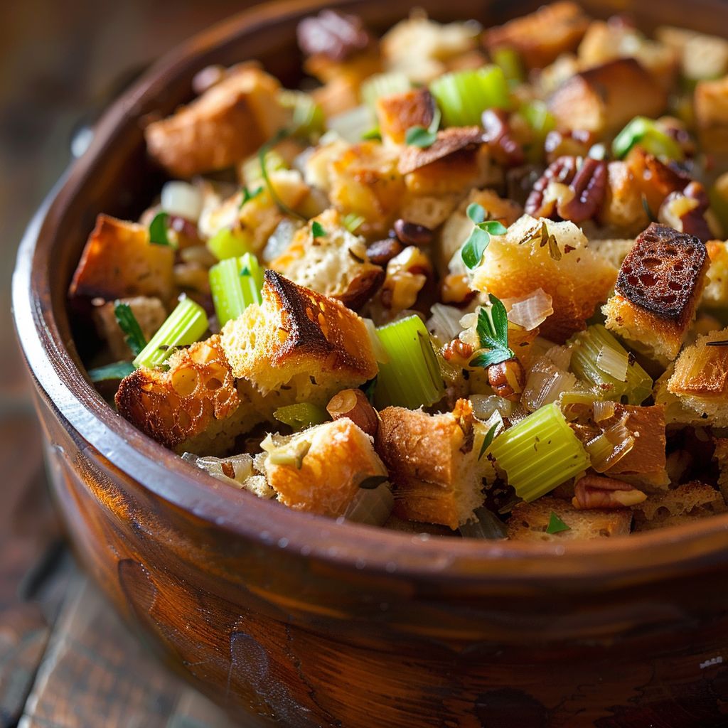 Close-up of golden brown Slow Cooker Stuffing with herbs and cranberries.