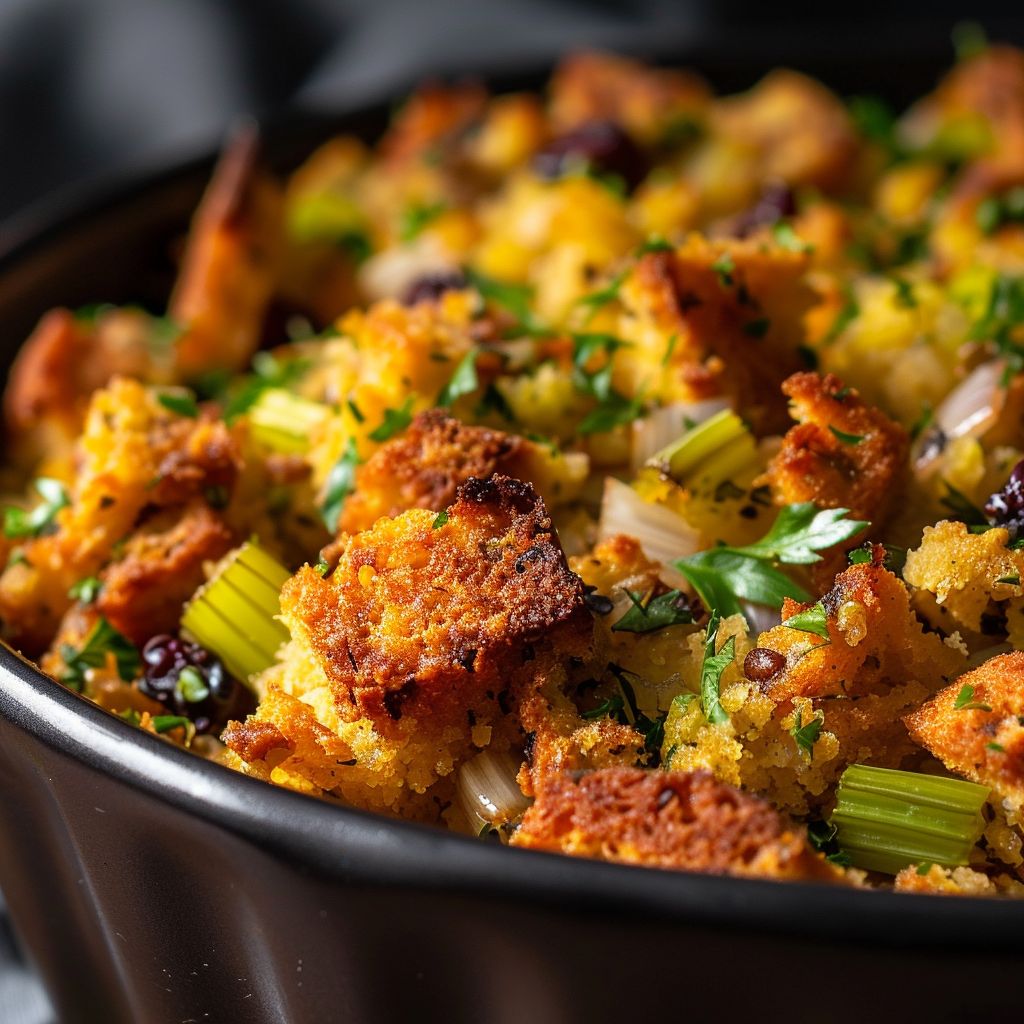 Close-up shot of Jiffy cornbread stuffing with herbs and vegetables.