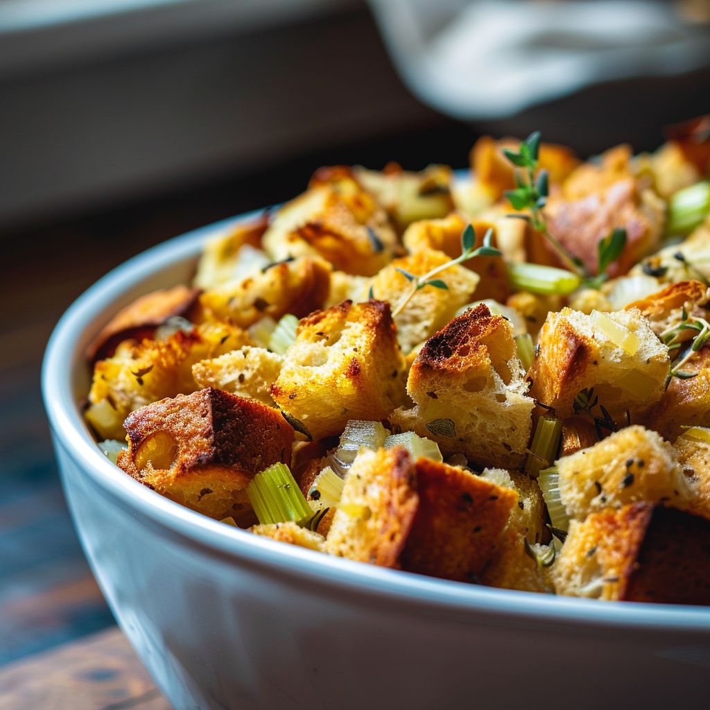 Close-up of a golden-brown classic stuffing made from cubed bread, herbs, and vegetables.