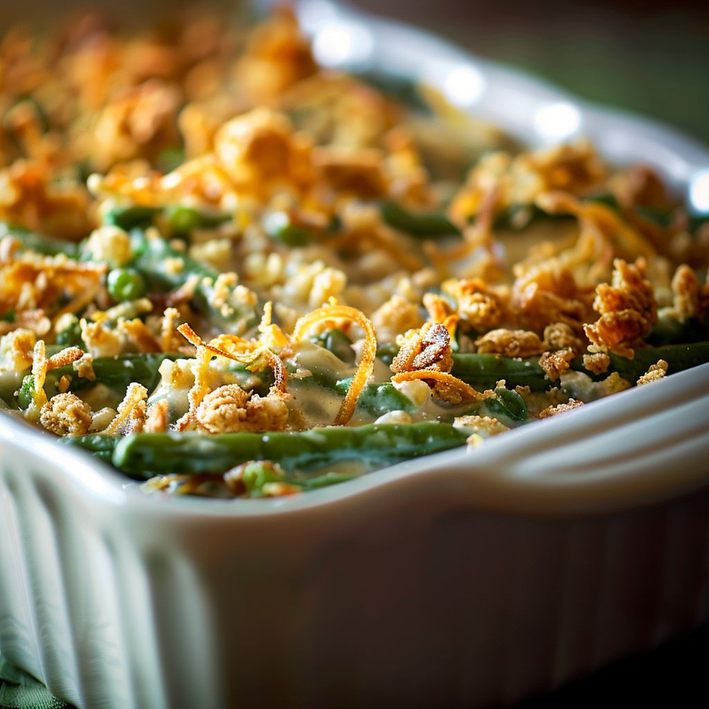 Close-up of a creamy green bean casserole topped with crispy fried onions.