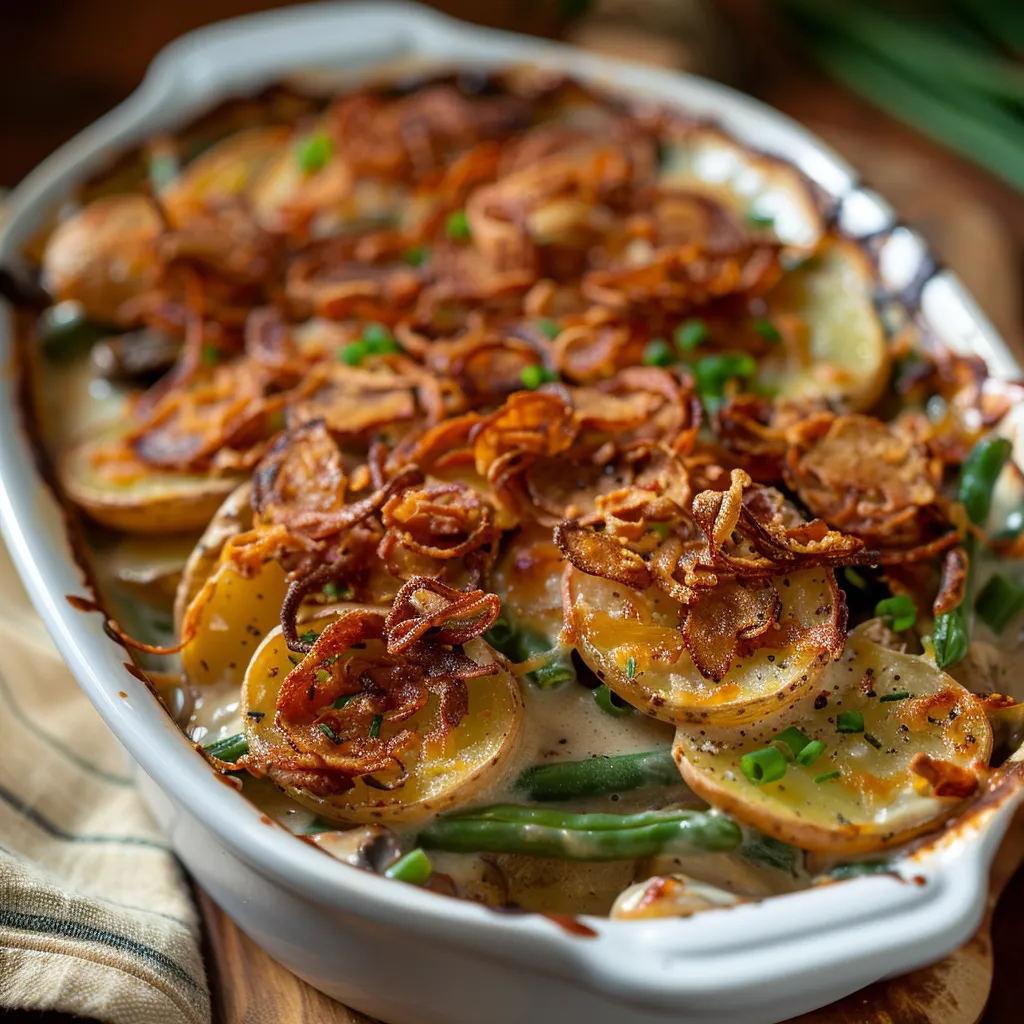 An inviting Green Bean and Potato Casserole dish, vibrant with green beans and golden crispy onions.