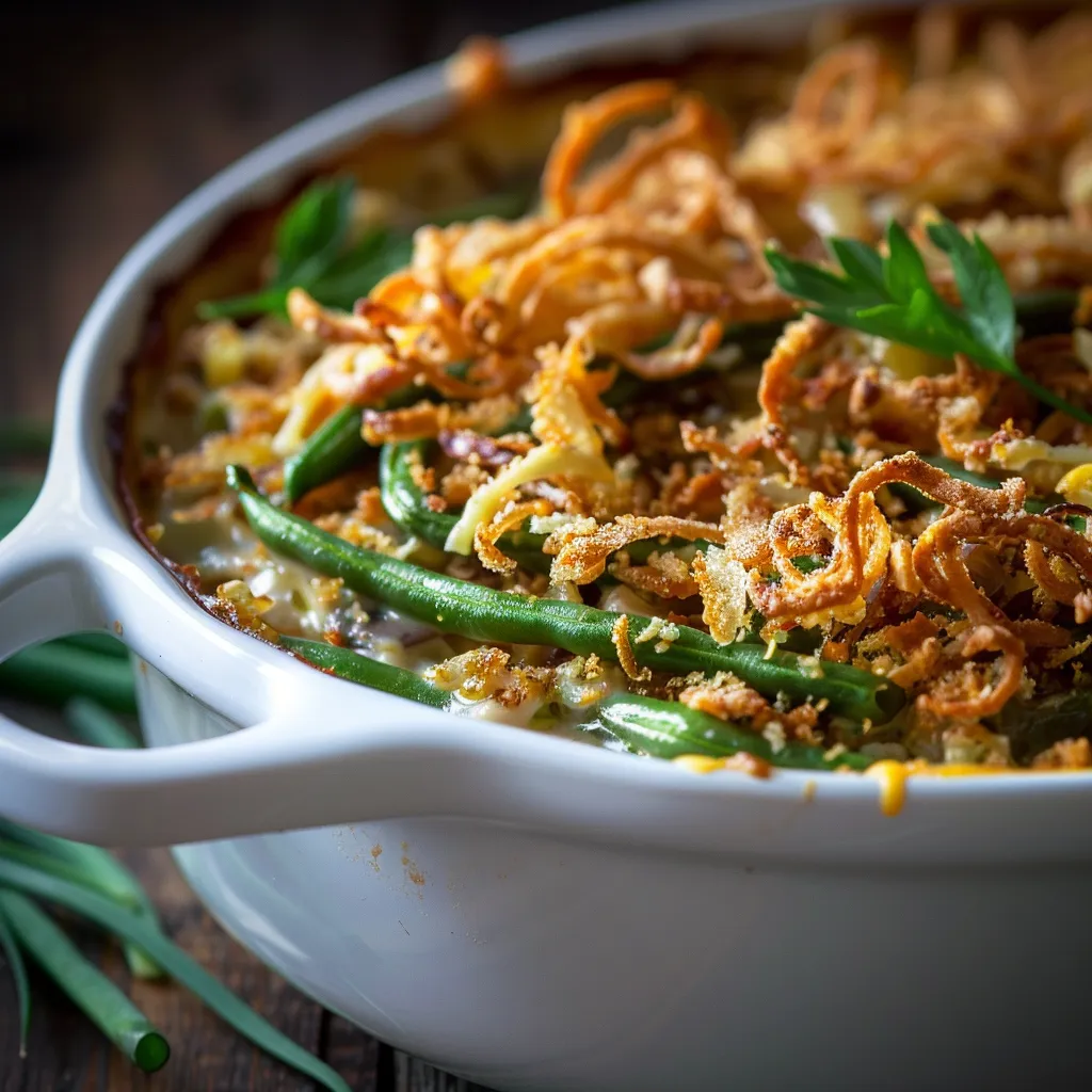 Eye-level shot of a baked green bean casserole with a golden onion topping in warm lighting.