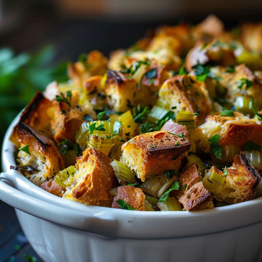 Close-up of buttery herb stuffing in a rustic bowl, showcasing golden bread cubes and fresh herbs.