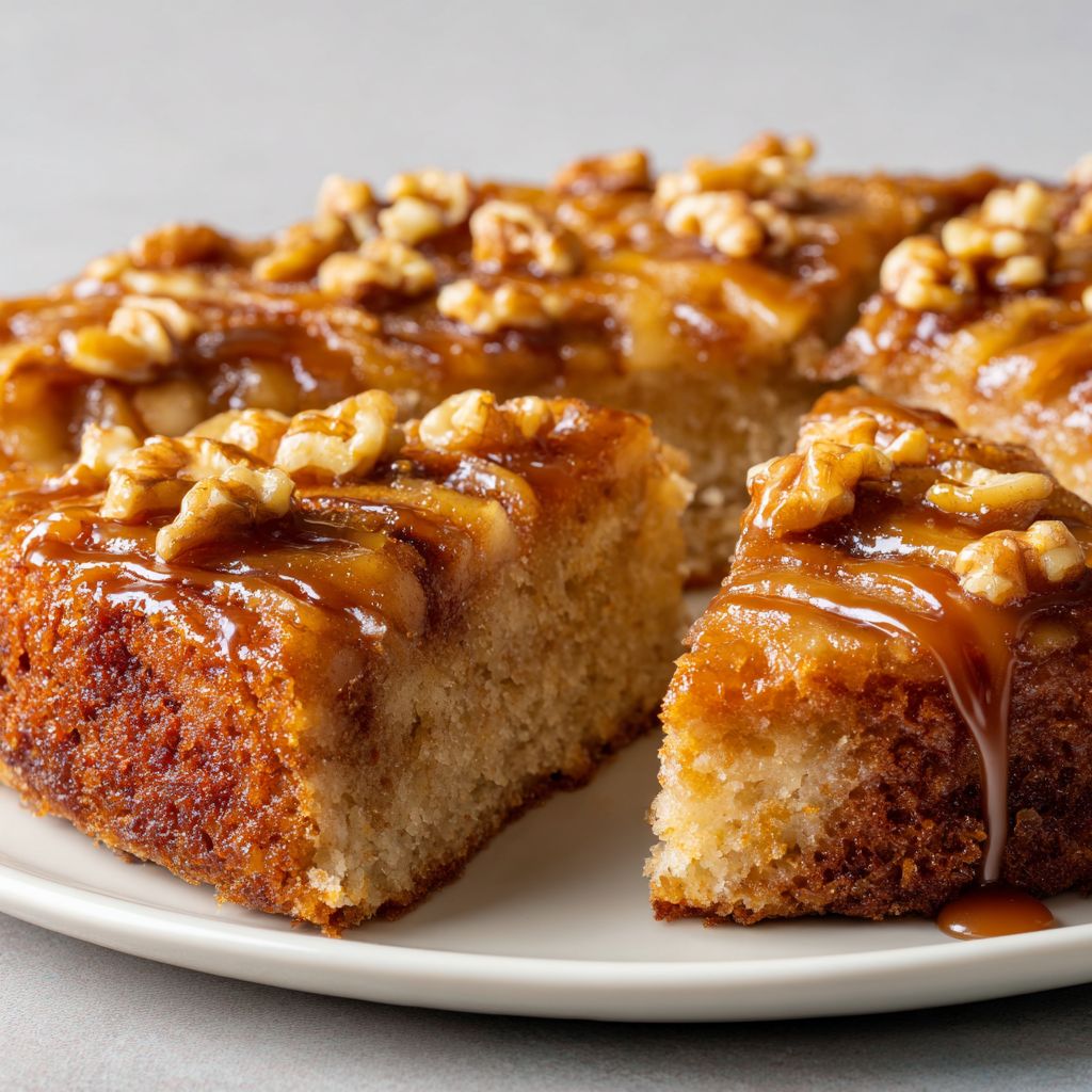 Close-up of a caramel apple upside-down cake with glossy caramel glaze and apple slices on top.