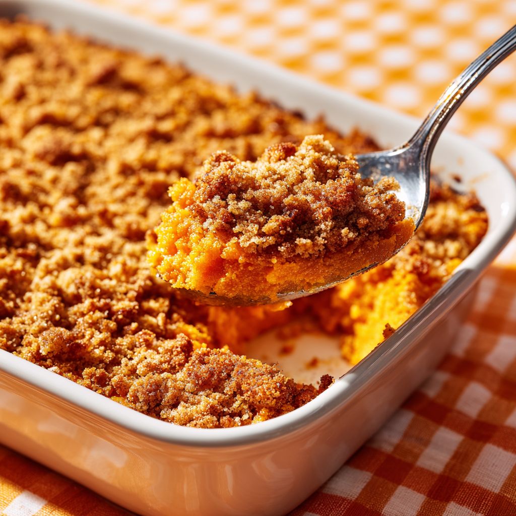 Close-up of a golden-brown Sweet Potato Soufflé topped with crunchy pecans.