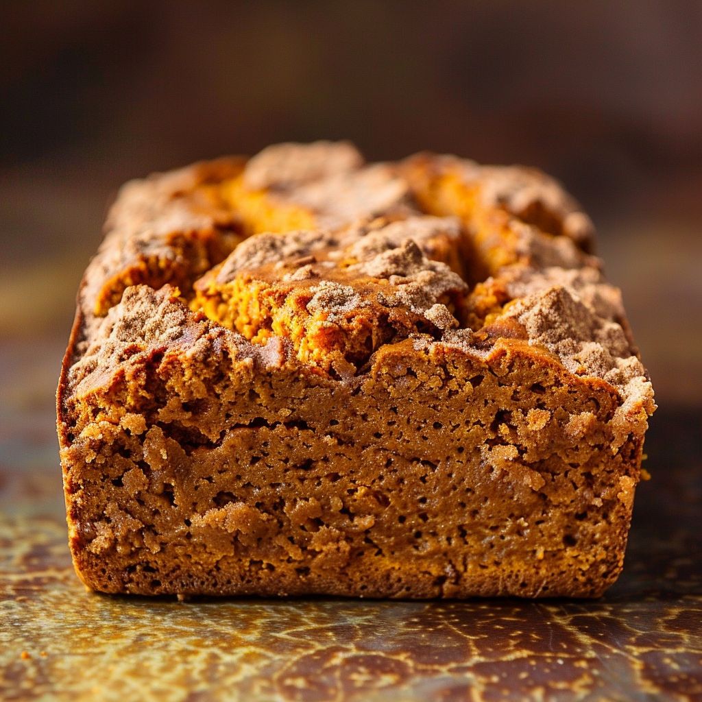 A loaf of cinnamon pumpkin bread with a golden crust and a soft, moist interior.
