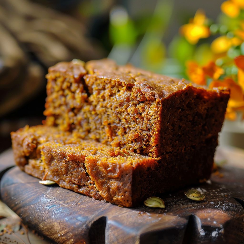 A close-up view of moist pumpkin bread with a golden crust and spices sprinkled on top, set against a light background.