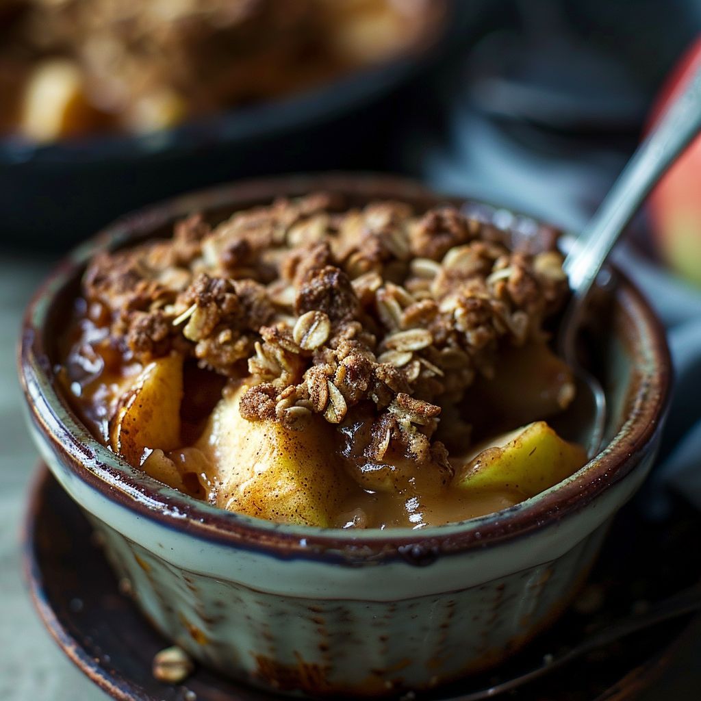 A close-up of a warm cinnamon baked apple crisp topped with a golden brown crumble.