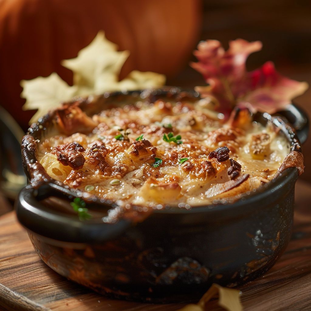 A close-up of a warm bowl of pumpkin soup with a sprinkle of herbs on top.