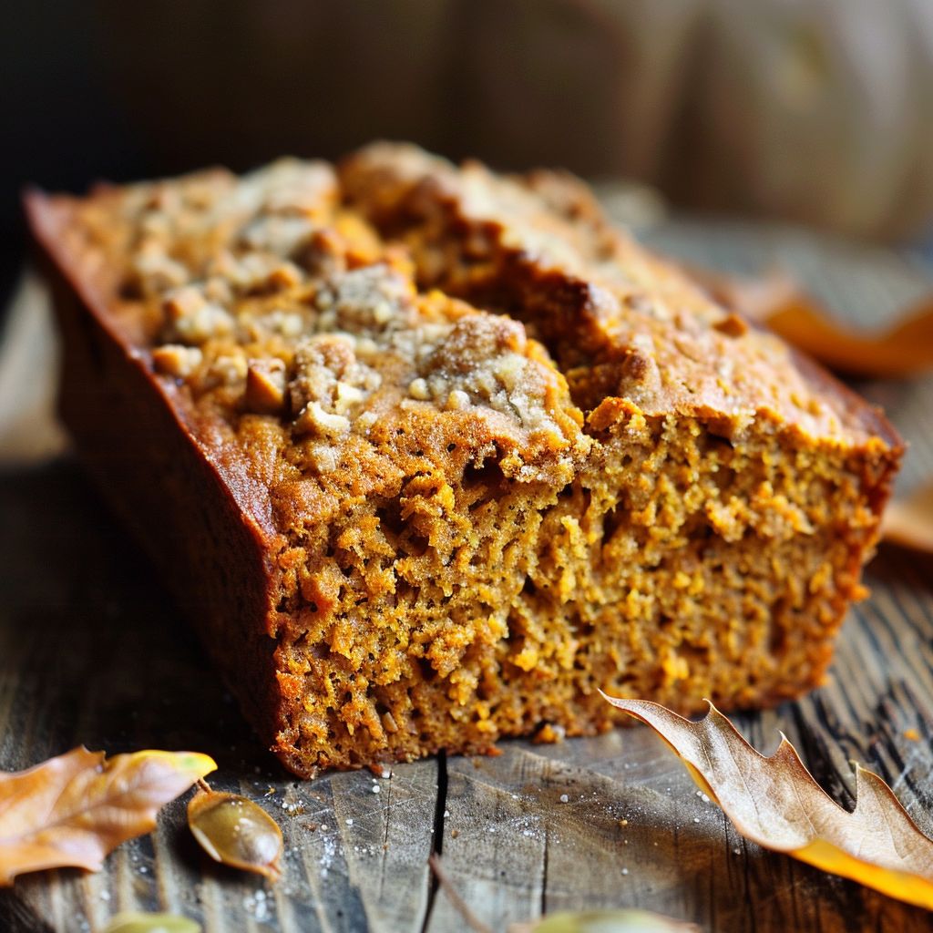 A slice of moist pumpkin bread topped with a crumbly streusel and drizzled with maple glaze, on a rustic wooden table.