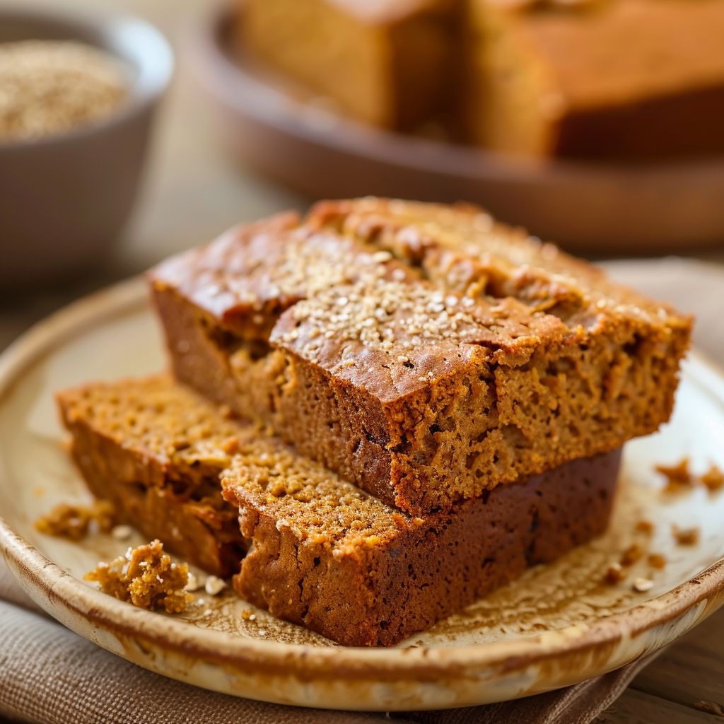 A slice of moist pumpkin bread on a rustic wooden table, surrounded by autumn leaves.
