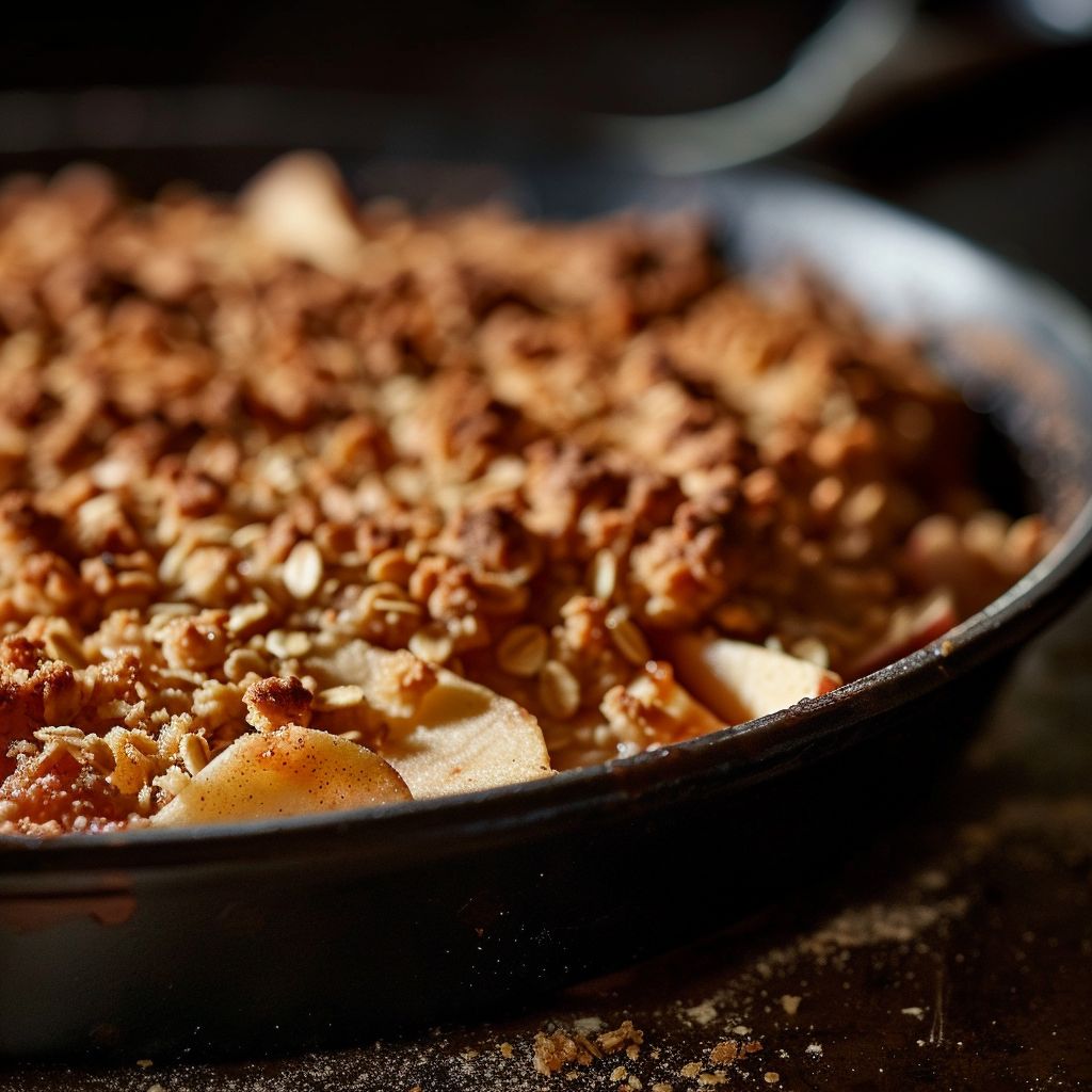 A warm, golden-brown apple crisp served in a rustic dish, topped with a crumbly oat topping.