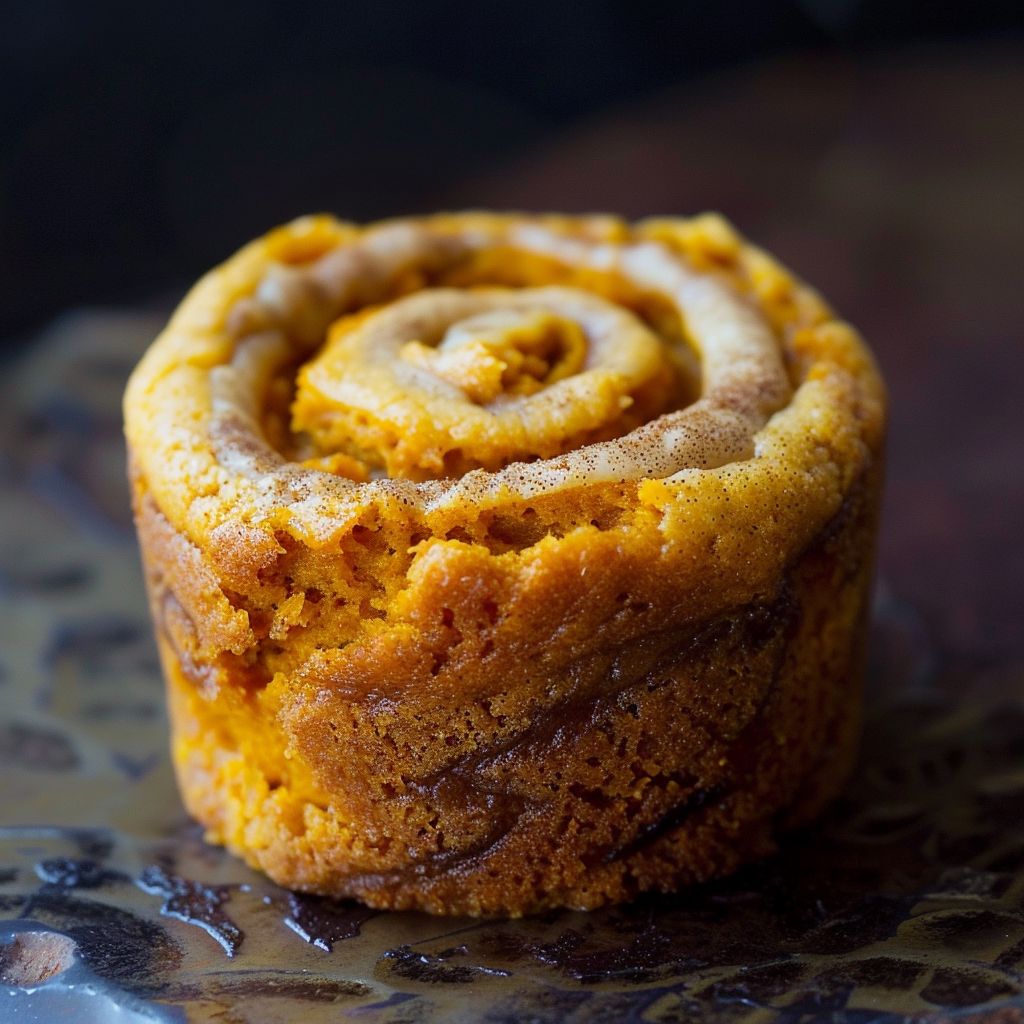 A freshly baked mini pumpkin bread with a visible cinnamon swirl on a wooden cutting board.