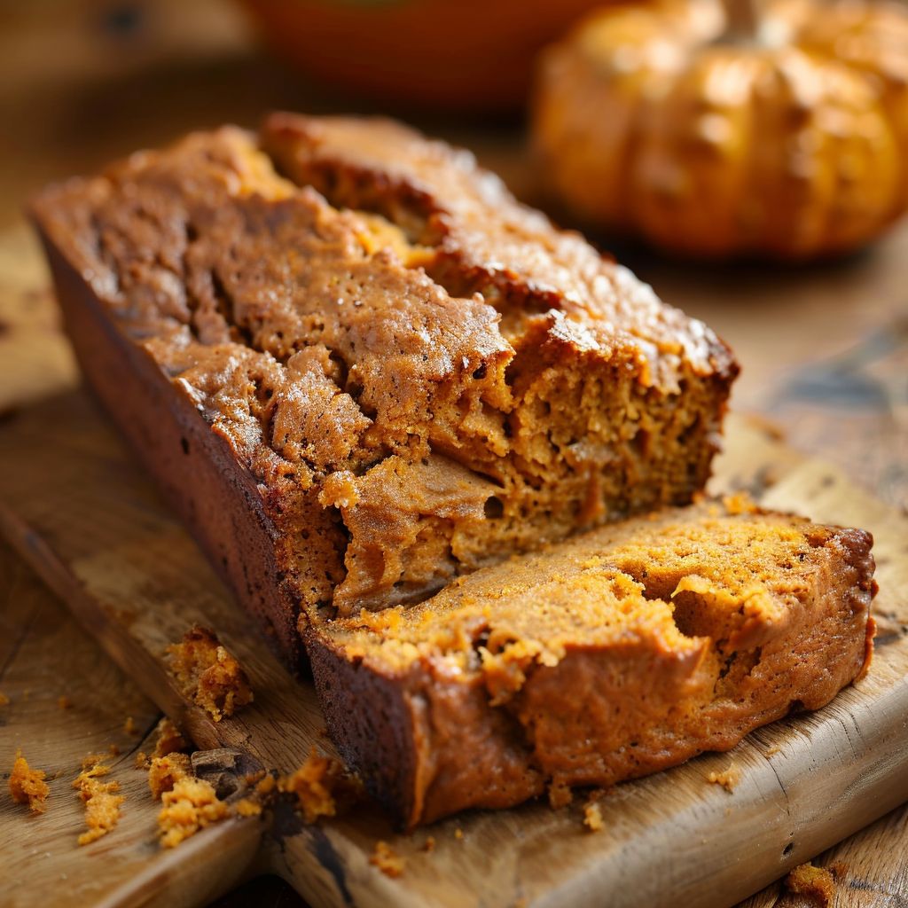 A freshly baked loaf of pumpkin bread, golden brown with a soft texture, placed on a wooden cutting board.