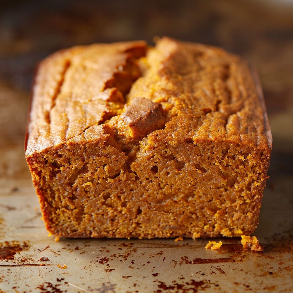 A freshly baked loaf of Libby's Pumpkin Bread on a rustic wooden table.