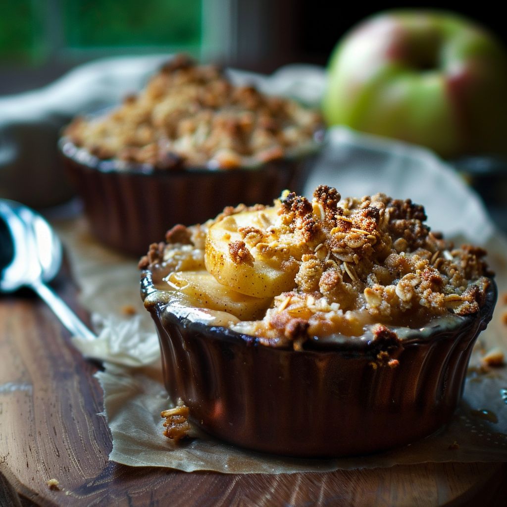 A close-up view of a baked apple crisp topped with a golden brown crumble, served in a rustic dish.