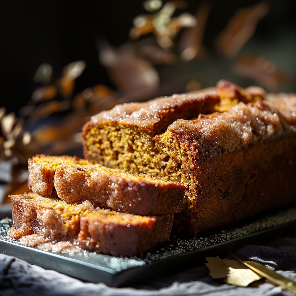 A freshly baked loaf of cinnamon sugar pumpkin bread on a wooden cutting board, with a slice cut and showing its moist texture.