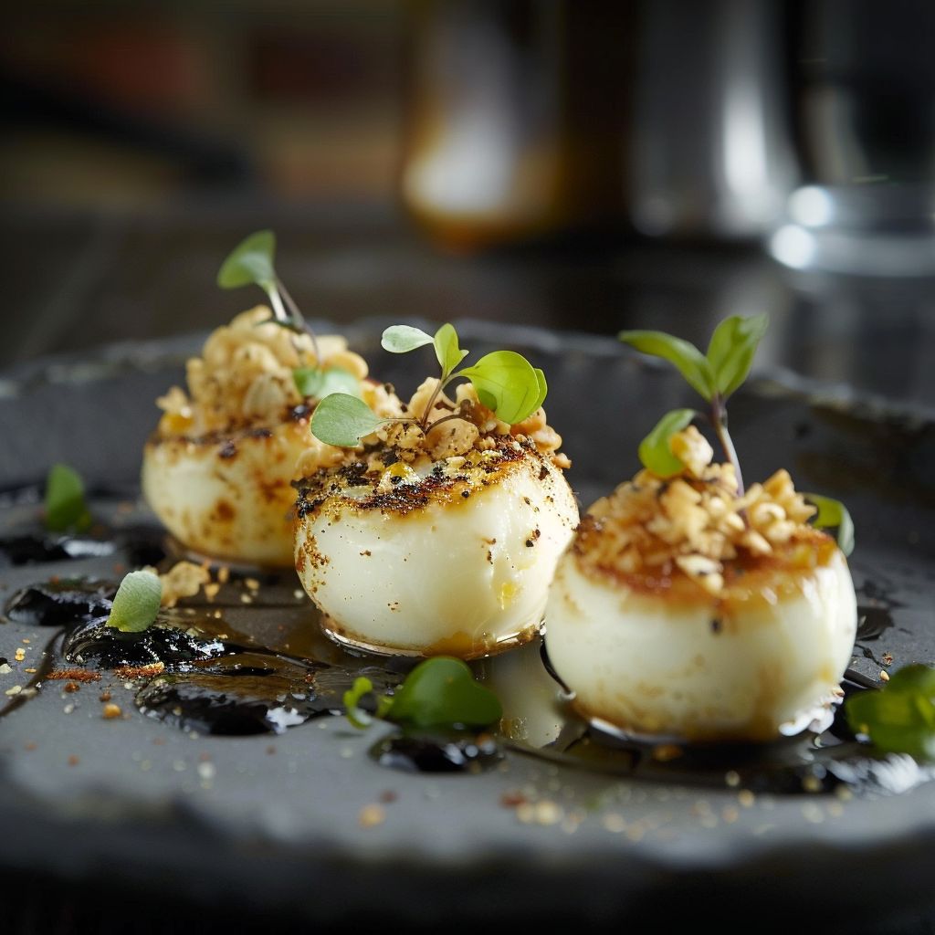 A close-up view of a beautifully plated dish with vibrant colors and textures, illuminated by soft natural light.