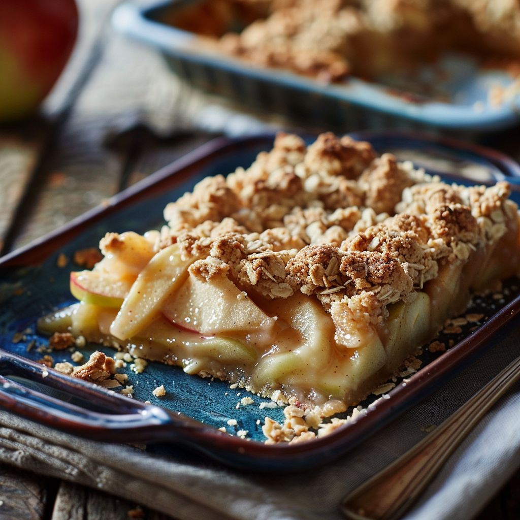 A perfectly baked apple crumble in a ceramic dish, topped with golden-brown crust and a scoop of vanilla ice cream beside it.