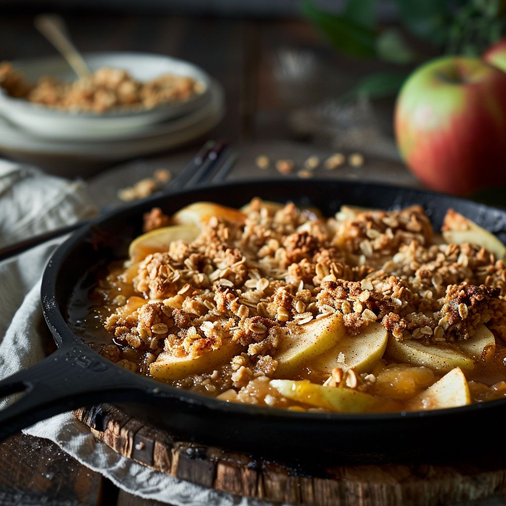 A close-up view of a golden-brown apple crisp topped with a sprinkle of oats.