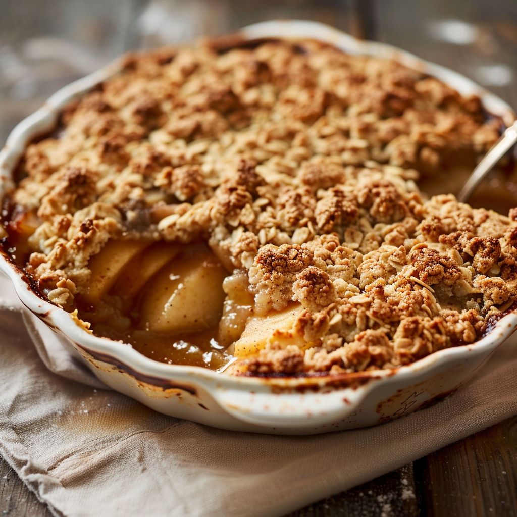 A close-up view of a golden-brown apple crumble in a ceramic dish, garnished with a scoop of vanilla ice cream.